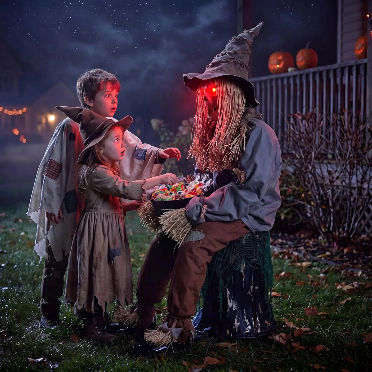 49" Halloween Animatronic Sitting Scarecrow, Halloween Decorations Outdoor Sound Activated Jump Scare Prop with LED Eyes, Spooky Sounds, Scary Haunted House Props for Garden Yard Lawn