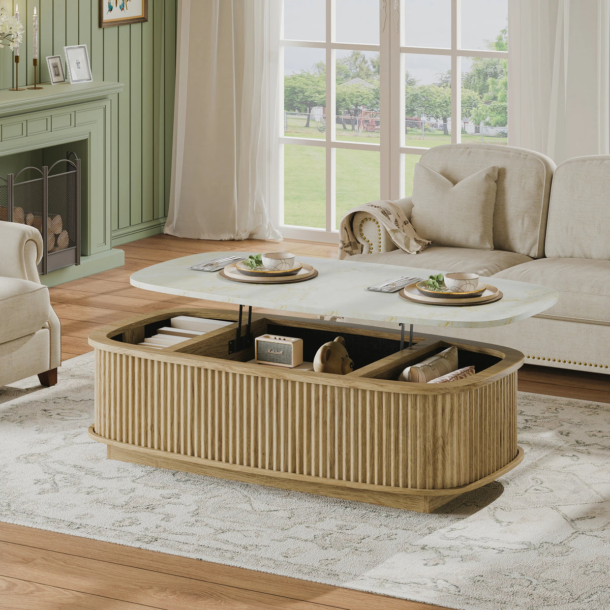 Oval Fluted Lift Top Coffee Table With Hidden Storage