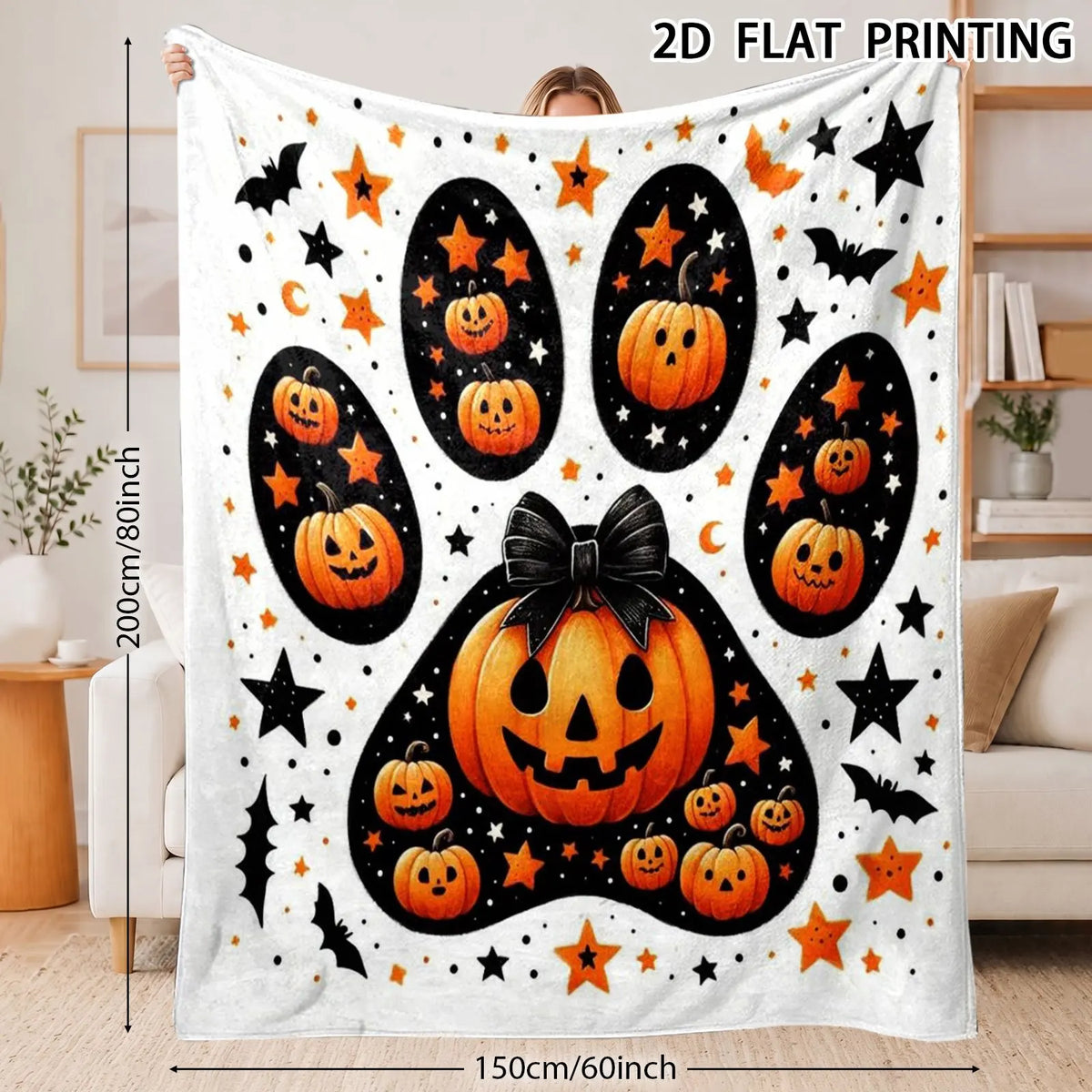 1pc, Halloween Paw Pumpkin Flannel Blanket, Cartoon Bowknot Design Printed Pattern, Camping Blanket, Nap Blanket, Outdoor Camping, Soft, Suitable for Sofas, Offices, All-Season Use, Birthday Gift