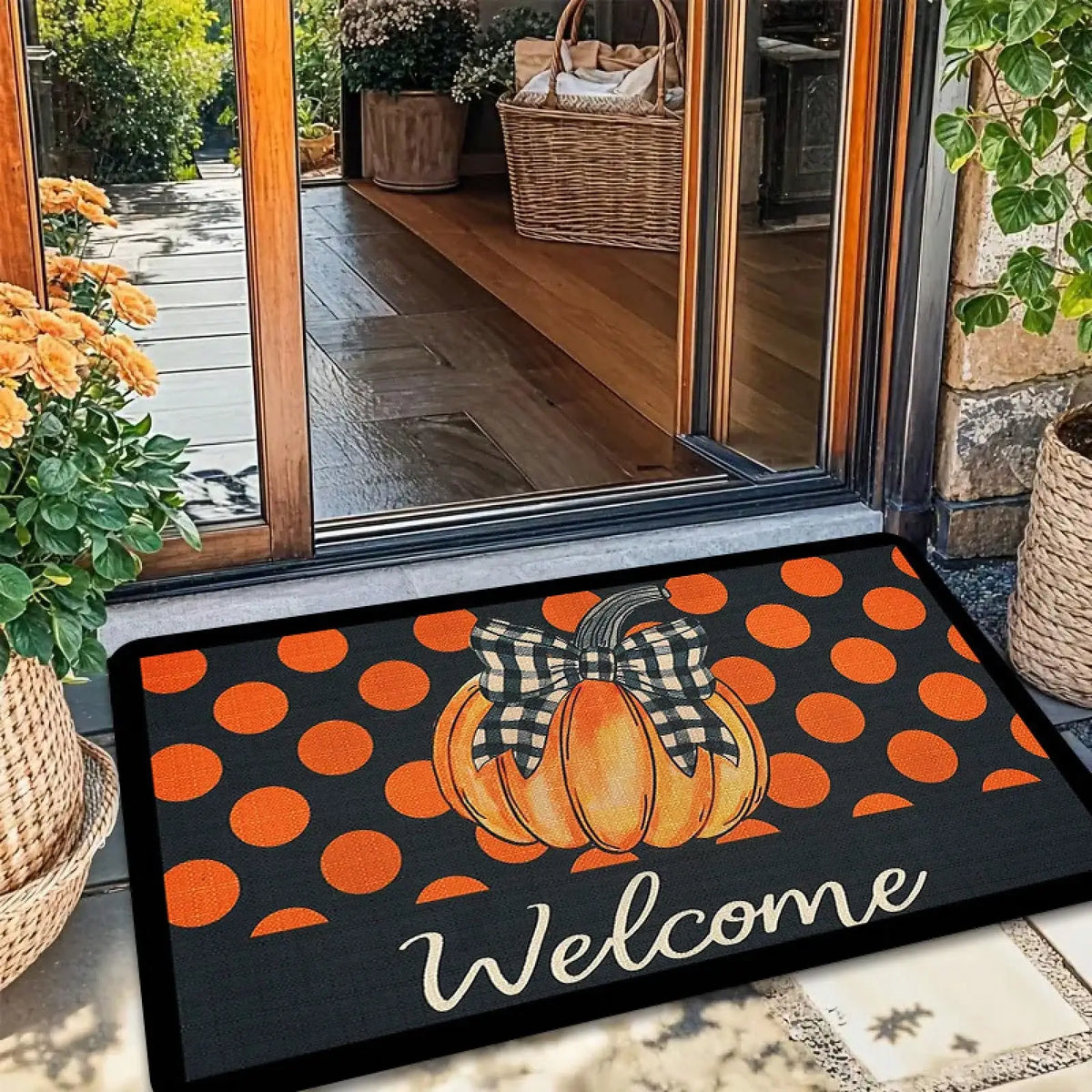 1pc Black & Orange Plaid Pumpkin Welcome With Bow - Heavy-Duty 600g/² Non-Slip, Washable Autumn Fall Welcome Sign Porch, RV, /Outdoor Use - Beige Bow Accent &