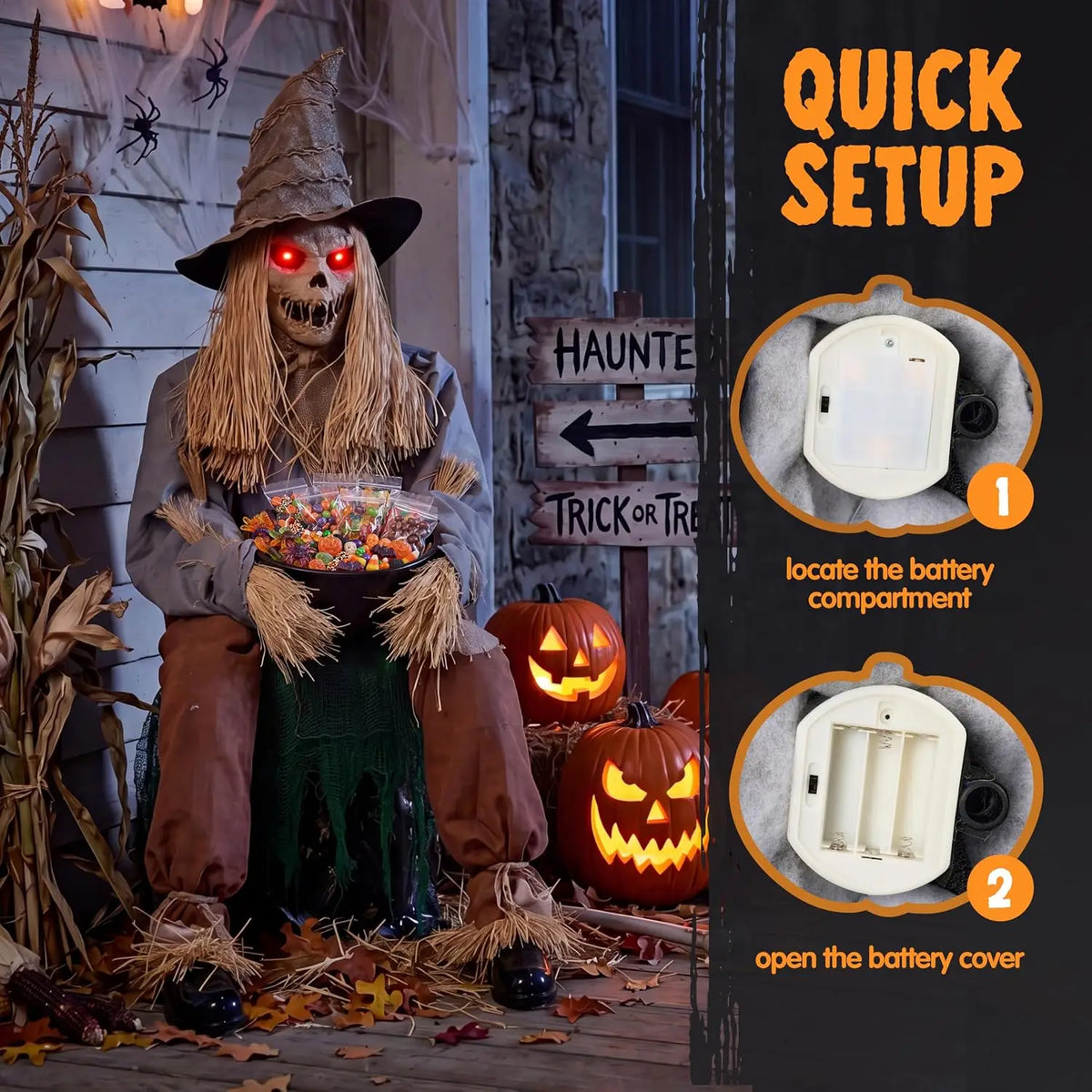 49" Halloween Animatronic Sitting Scarecrow, Halloween Decorations Outdoor Sound Activated Jump Scare Prop with LED Eyes, Spooky Sounds, Scary Haunted House Props for Garden Yard Lawn
