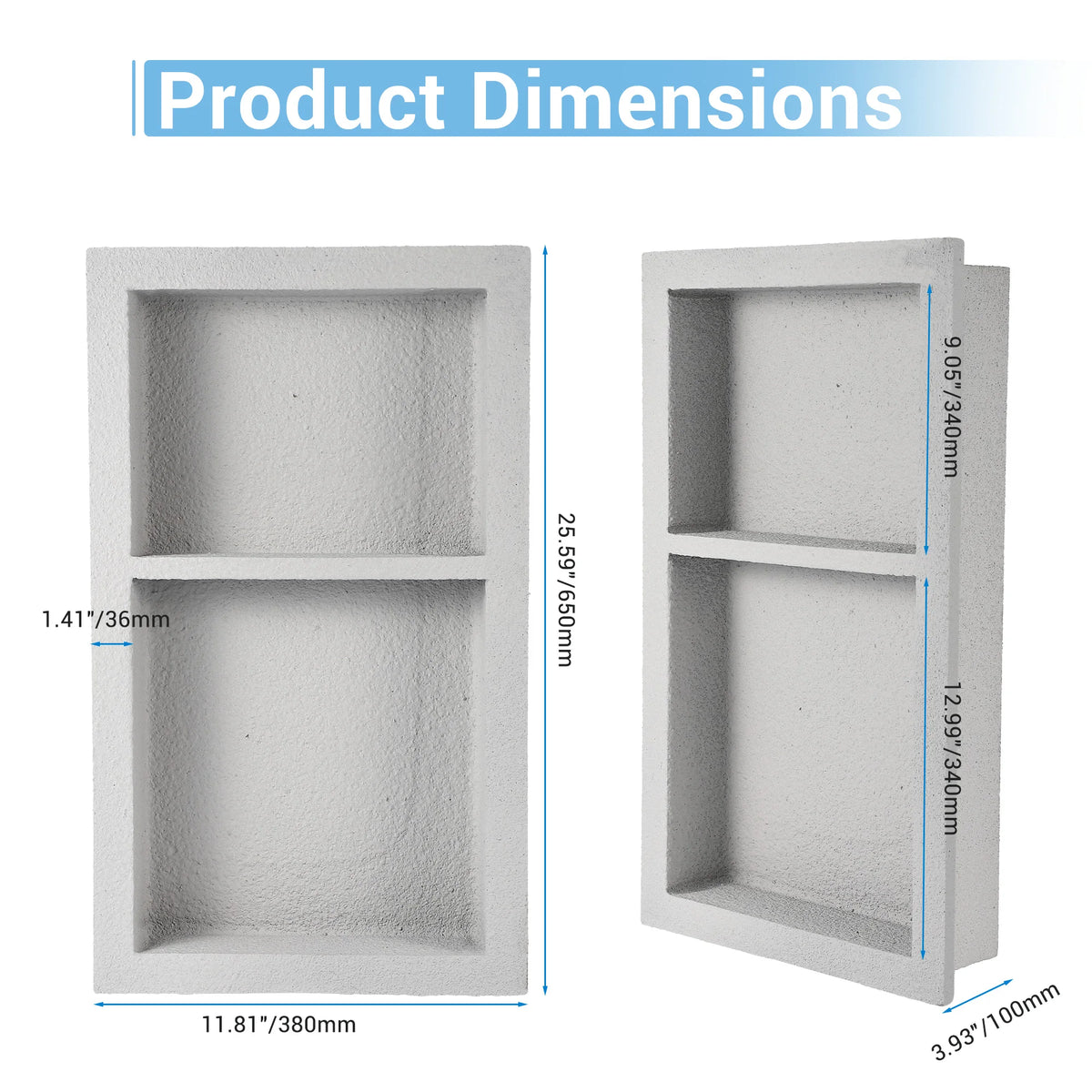 Ready Tile Double Shelf Shower Niche, 12" x 25.5" Shower Niche Ready for Tile, Modern Square Corners Wall-inserted Niche Recessed for Shower Bathroom