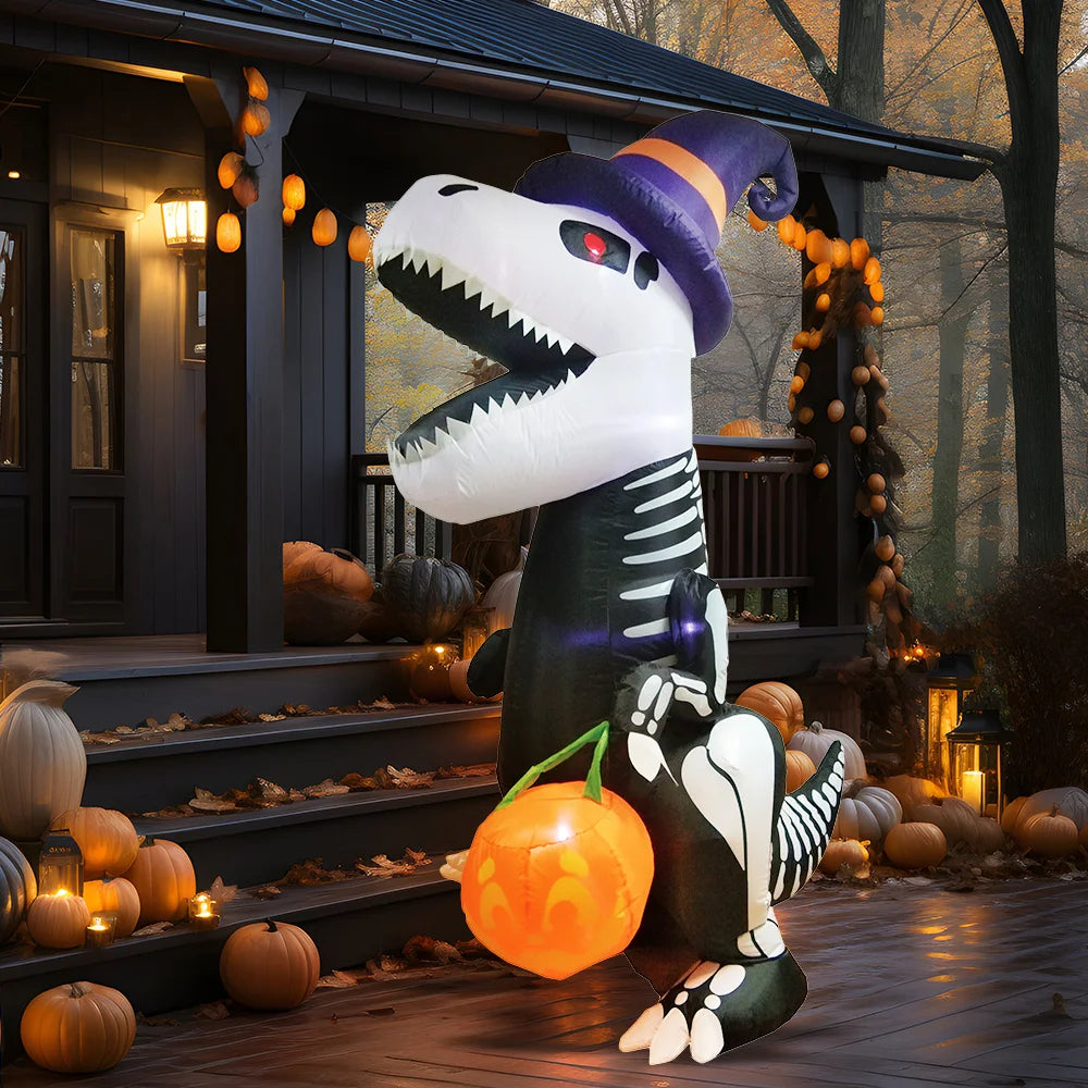 Halloween 8 FT Tall Skeleton Dinosaur Inflatables Outdoor Decorations Halloween Blow Ups for Yard, Inflatable Skeleton Dinosaur with Pumpkin for Outside Garden Decor